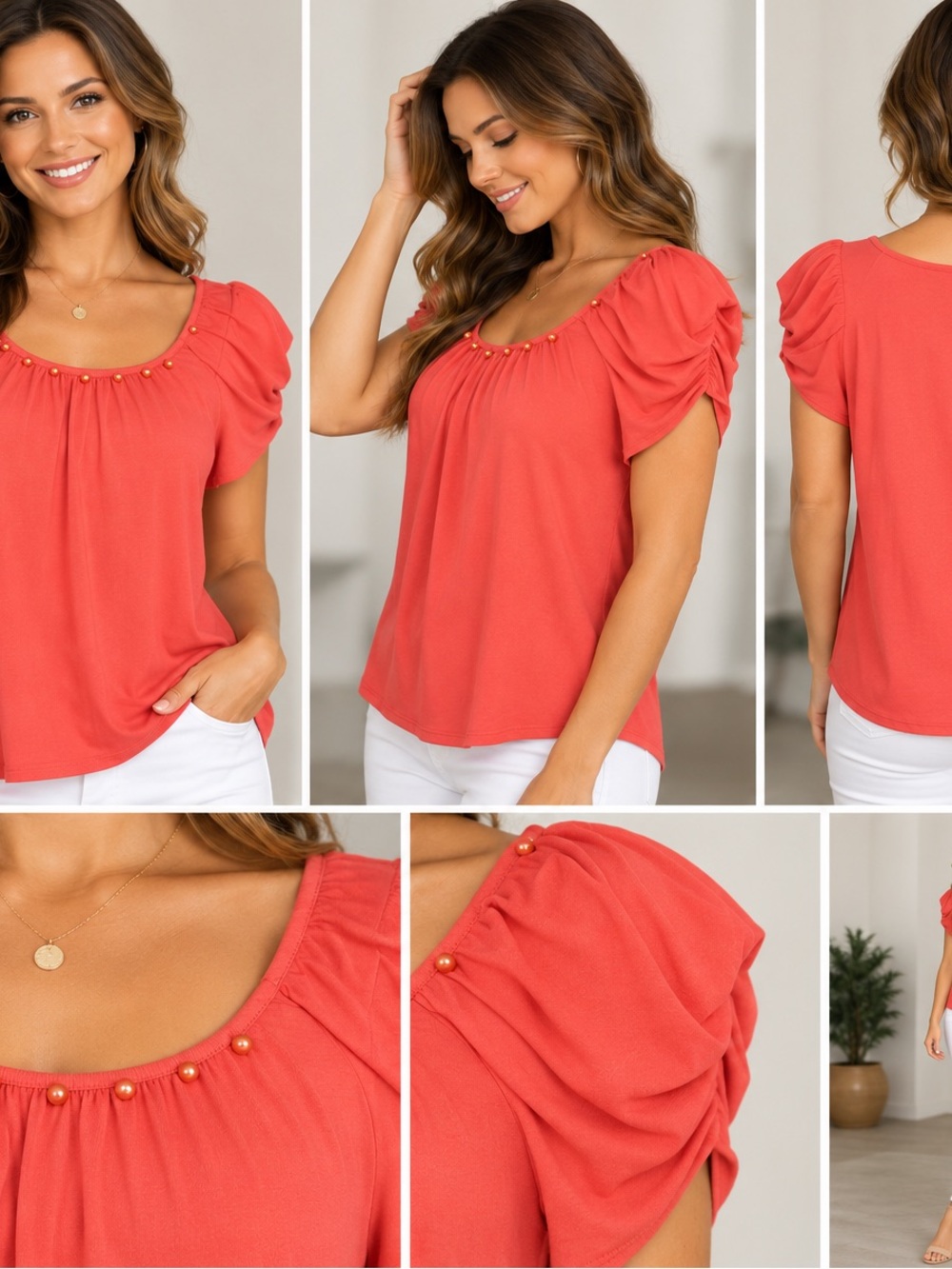 Women's Coral Scoop Neck Ruched Sleeve Top with Bead Trim,Large